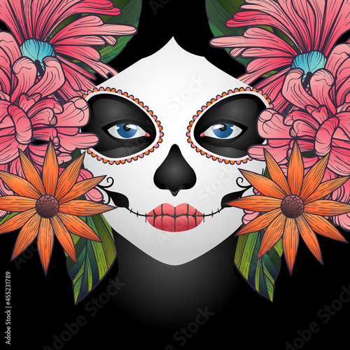 dia de los muertos! lovely girl with flowers for the day of all the dead and alive. Makeup for the dead. Vectron illustration for banners, posters, wallpapers, holiday cards