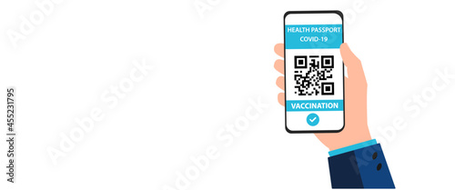 Health passport on the screen of the smartphone. On the screen of the smartphone, it shows immunity to the vaccine. corona virus vaccination concept. Vaccination passport application for safe journeys