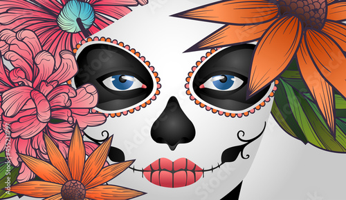 dia de los muertos! lovely girl with flowers for the day of all the dead and alive. Makeup for the dead. Vectron illustration for banners, posters, wallpapers, holiday cards