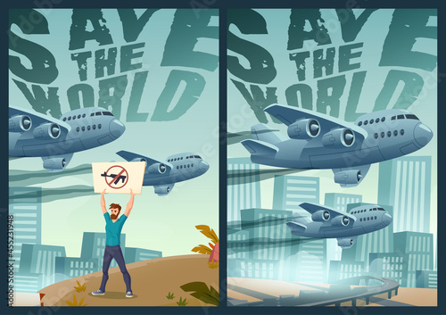 Save the world cartoon posters, man demonstrator with crossed gun banner stand alone on cityscape background with military airplanes flying in dull sky, riot or protest against war vector illustration