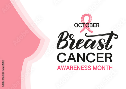 October Breast Cancer Awareness Month typography poster. Breast cancer prevention vector concept decorated by pink ribbon and woman silhouette
