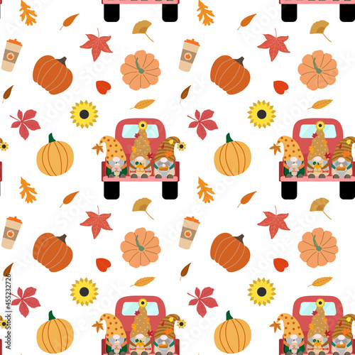 Cute gnomes in a red truck, pastel pumpkins, coffee cups, leaves. Vector seamless pattern. Isolated on white background.