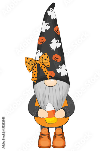 Funny halloween gnome with candy corn. Vector illustration.