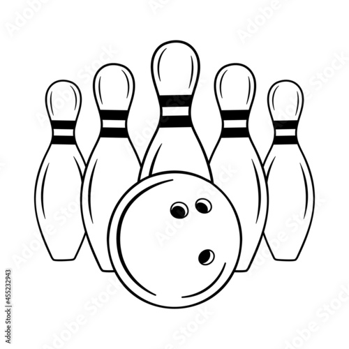 Bowling pins with ball sport icon.Logo game template for Bowling club, tournaments. Vector illustration in simple outline style isolated on white background.