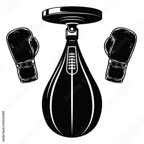 Illustration of boxing punching bag and bong gloves in vintage monochrome style. Design element for logo, label, sign, emblem, poster. Vector illustration