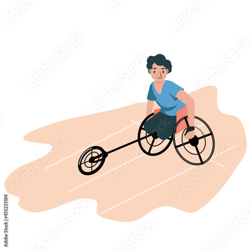 Flat vector illustration in cartoon style, man athlete on wheelchair