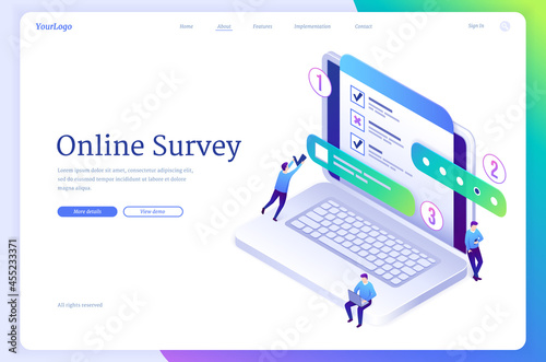 Online survey isometric landing page, tiny people fill online form on huge laptop with test, quiz or exam checklist or document on screen, questionnaire results or internet test 3d vector web banner