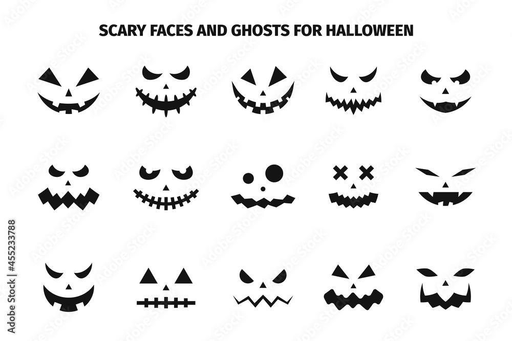 Scary faces and ghosts for Halloween. Scary Halloween pumpkin faces. Creepy and funny emoji of Halloween pumpkins Scary faces and ghosts for Halloween. Scary Halloween pumpkin faces. Creepy and funny emoji of Halloween pumpkins