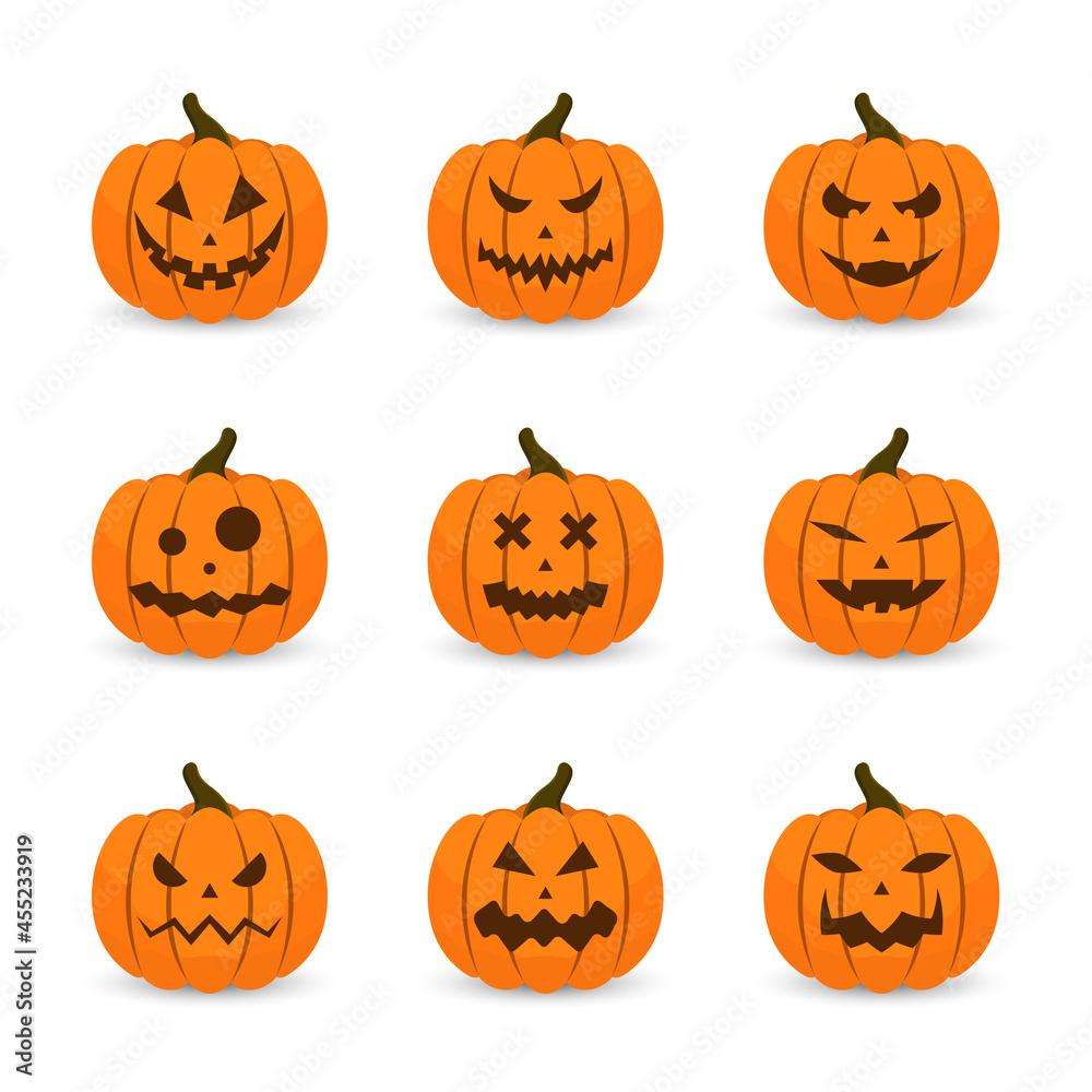Scary faces and ghosts for Halloween. Scary Halloween pumpkin faces. Creepy and funny emoji of Halloween pumpkins
