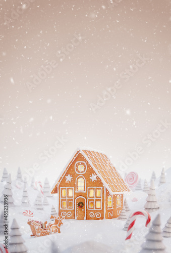 Cute cozy fairy Christmas gingerbread house decorated of Christmas lights