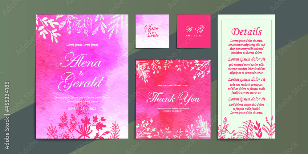 Floral pink wedding card watercolor background invitation template set