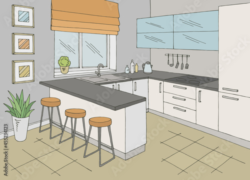 Kitchen room interior color graphic sketch illustration vector 