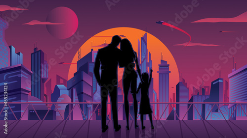 Family in Futuristic City