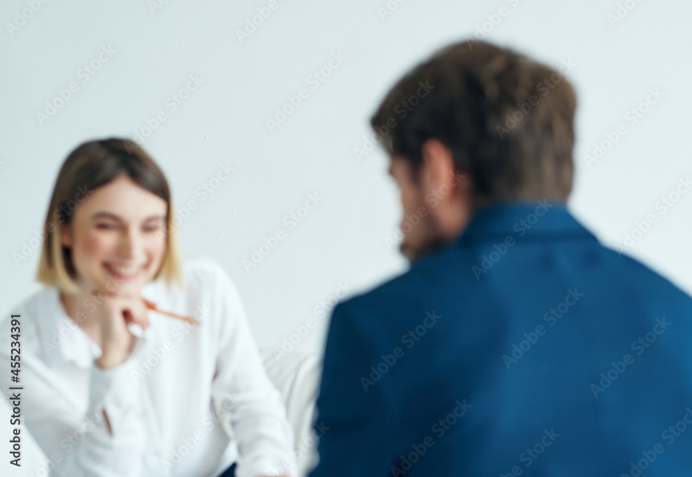 Business woman next to man communication work team documents Business woman next to man communication work team documents