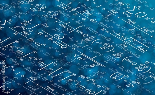 Background for a presentation on mathematics. Formulas in mathematics. Abstract vector illustration of a set of mathematical formulas arranged in an isometry on blue.