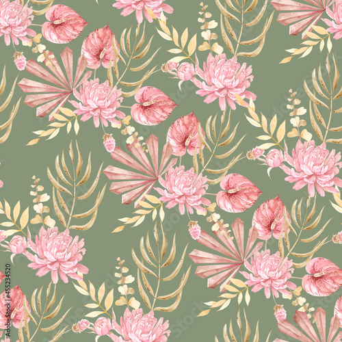 Vintage pattern with tropical flowers and leaves 2