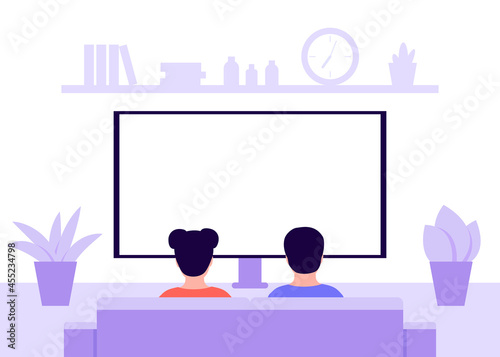 Children sitting on sofa at home and watching TV, back view. Kids boy and girl sit in living room. Rest, spending time, watching movie and cartoon. Vector illustration