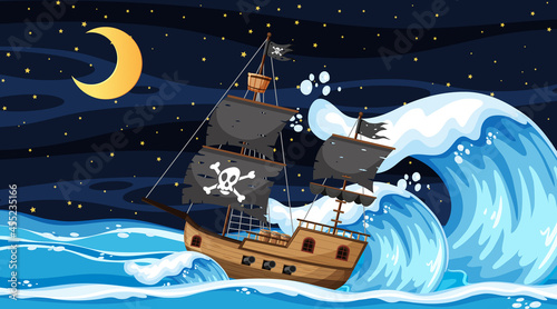 Ocean with Pirate ship at night scene in cartoon style