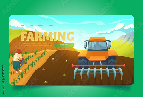 Farming banner with tractor with plow on agriculture field. Vector landing page of agronomy and farm works with cartoon illustration of woman watering plants and machine plowing soil