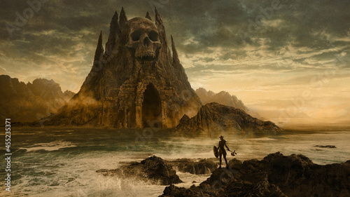Viking warrior woman facing a skull shaped dungeon - fantasy digital illustration photo