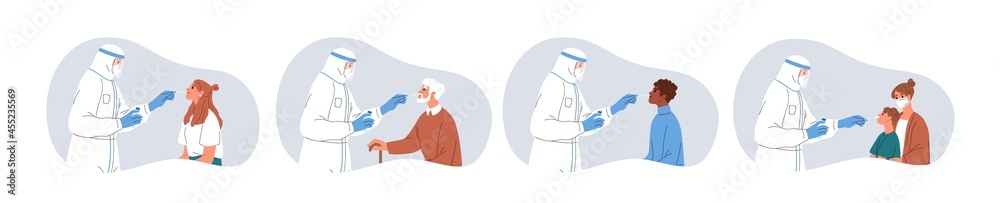 People during nasal swab for COVID PCR test. Doctor checking patients for corona virus. Nurse take lab samples from nose for coronavirus analysis. Flat vector illustration isolated on white background - obrazy, fototapety, plakaty 