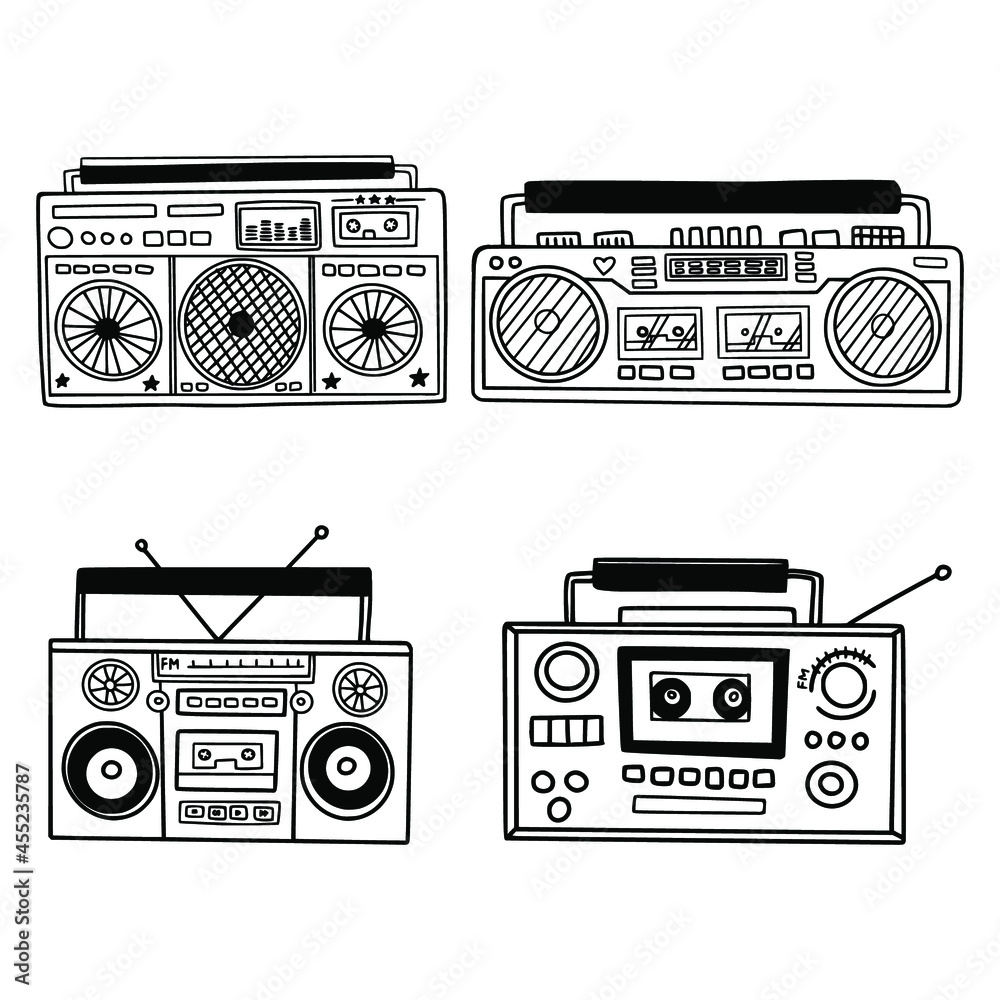 Old school radio tape recorder doodle in black and white. Vintage boombox icon. Hand drawn illustration. Find your music text. - obrazy, fototapety, plakaty 
