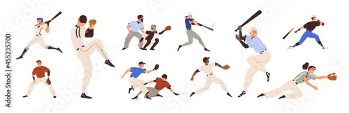 Baseball players set. Pitchers, catchers, batters and hitters throwing, catching and hitting ball with bats and gloves. American sports game. Flat vector illustration isolated on white background