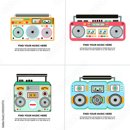 Set of cute and colorful old school tape recorders doodles. Retro design and 90s vibes. Vintage boombox icons. Hand drawn illustration.