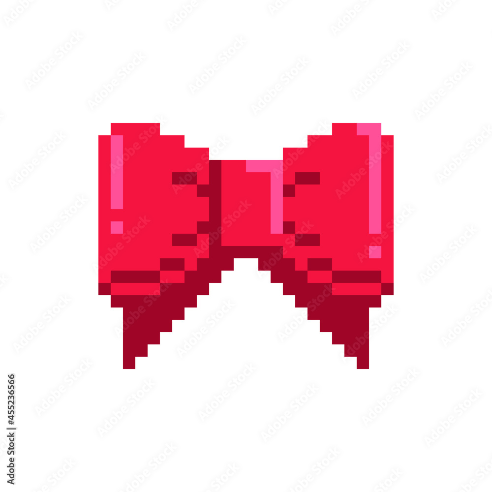 Fototapeta premium Red bow icon. New Year greeting card design. Pixel art style. Isolated vector illustration. Game assets 8-bit sprite. Design for stickers, web, mobile app.