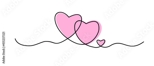 Modern minimalistic one line drawing of hearts. Linear picture, hand drawing, doodle