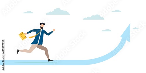 Job improvement, achievement and success in work or leadership to win business concept, confidence smart businessman inbusinessman in a suit with a briefcase running up the arrow to the sky. - Vector. © Vitechek