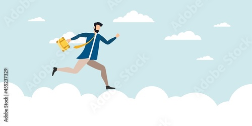 Job improvement, achievement and success in work or leadership to win business concept, confidence smart businessman in a suit with a briefcase running up the arrow to the sky. - Vector.
