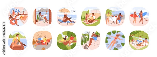 Set of summer outdoor activities. People relaxing on beach, sea resort, nature on holidays. Scenes of happy man and woman at leisure time. Flat vector illustrations isolated on white background