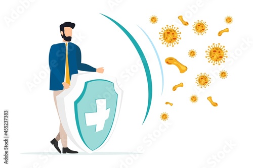 Immune system vector icon logo. Protection against bacteria health viruses. Medical prevention of human germs. A healthy man stand behind a shield and repel an attack of bacteria by the shield. 