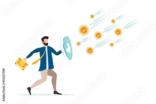 Immune system vector icon logo. Protection against bacteria health viruses. Medical prevention of human germs. A healthy man stand behind a shield and repel an attack of bacteria by the shield. 