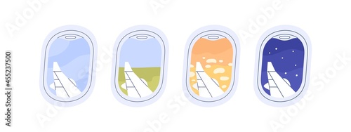 Views outside plane windows. Skyscapes through portholes set. Day and night skies and aircraft wings from inside airplane cabin during air flight. Flat vector illustration isolated on white background
