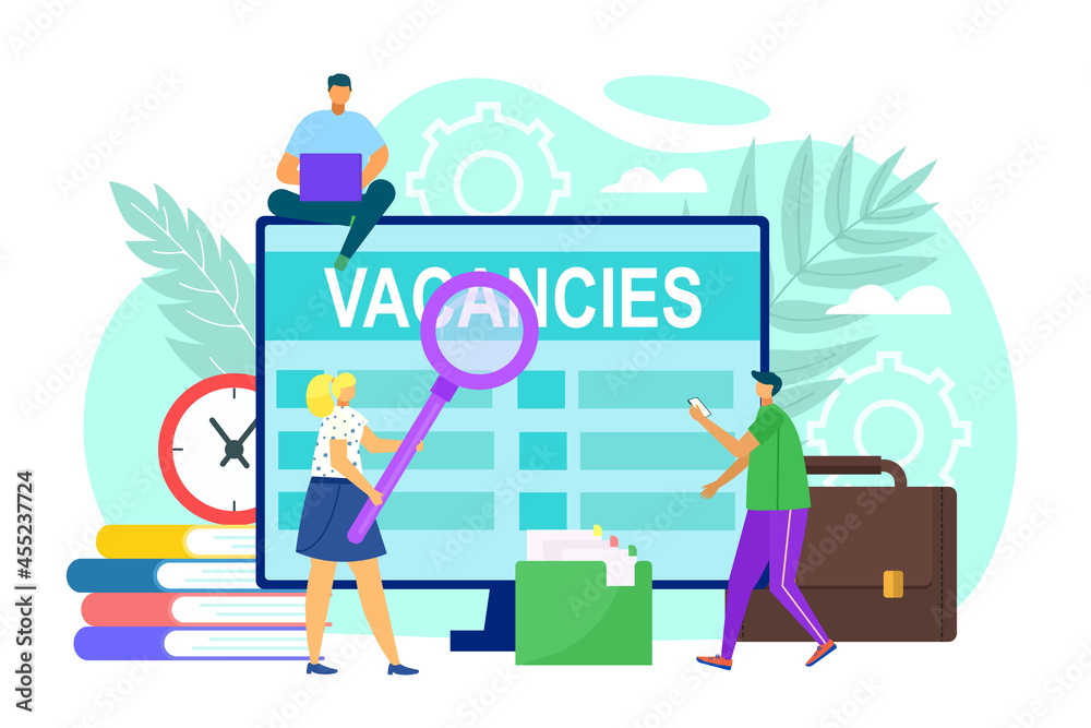 Job vacancy at screen, vector illustration. Man woman person search work online, business worker candidate look for professional employment. Job vacancy at screen, vector illustration. Man woman person search work online, business worker candidate look for professional employment.