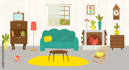 Home interior, living room furniture, vector illustration. House sofa, lamp d...