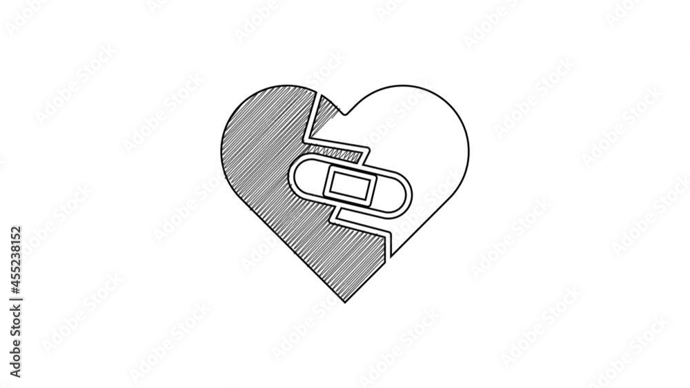 Black line Healed broken heart or divorce icon isolated on white background. Shattered and patched heart. Love symbol. Valentines day. 4K Video motion graphic animation Black line Healed broken heart or divorce icon isolated on white background. Shattered and patched heart. Love symbol. Valentines day. 4K Video motion graphic animation