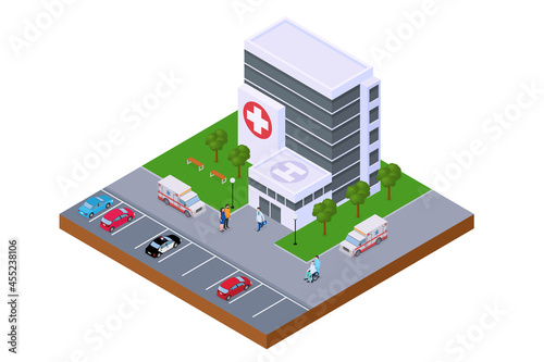 Hospital center, isometric emergency building, vector illustration. Ambulance car near modern clinic, medical service for man woman character.