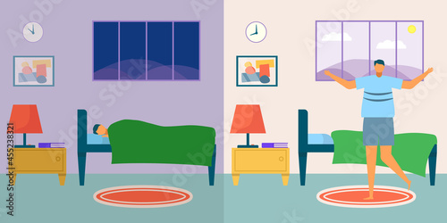 Wakeup man, vector illustration. Young male character rest in bed, person sleep at night, bedroom with comfortable pillow. Happy boy awake