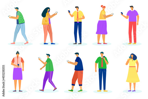 Woman man use gadget set, vector illustration. Flat people character talk in internet, female male person hold smartphone. Mobile message