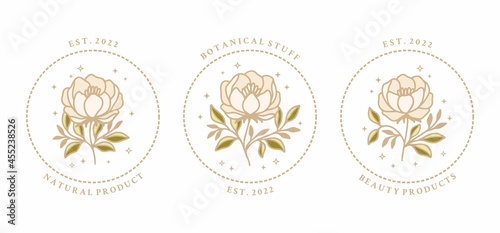 Set of vintage feminine beauty peony floral logo elements with frame