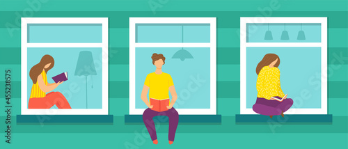 Window with person, vector illustration. Flat man woman character sit at home...