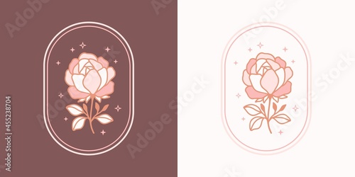 Vintage hand drawn feminine beauty rose floral logo elements with frame