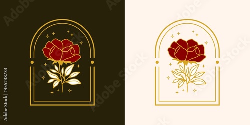 Vintage hand drawn feminine beauty peony floral logo elements with frame