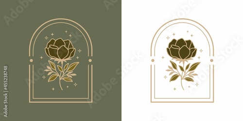 Vintage hand drawn feminine beauty peony floral logo elements with frame