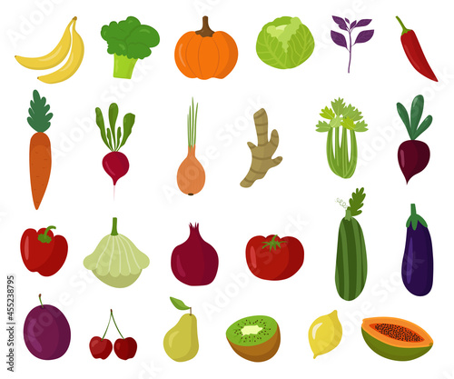Vegetables, berries and fruits, a set of healthy vegetarian food. The vector illustration is isolated. A colorful collection of farm clipart. Bananas, broccoli, celery, zucchini, cherries