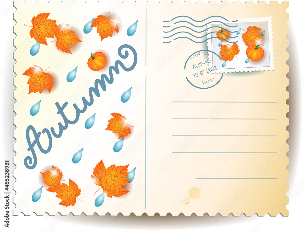 Autumn postcard with leaves, pumpkin and text. Vector illustration eps10 Autumn postcard with leaves, pumpkin and text. Vector illustration eps10