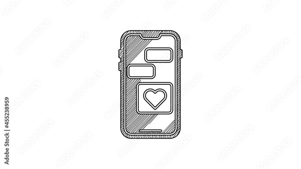 Black line Mobile phone with heart icon isolated on white background. Valentines day. 4K Video motion graphic animation Black line Mobile phone with heart icon isolated on white background. Valentines day. 4K Video motion graphic animation